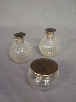 2 globular cut glass scent bottles and stoppers with silver and tortoiseshell lids (1 lid f)  and a cylindrical cut glass powder bowl with silver and tortoiseshell lid 3" Birmingham 1924
