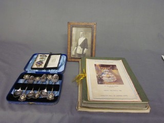 A silver gilt and enamel Masonic Founders jewel, Aldgate Lodge No.3939 Founding Secretary together with a set of 5 silver plated teaspoons decorated the Arms of Aldgate Lodge, a black and white photograph of the recipient contained in a Tunbridgeware frame(f)together with various lady's festival programmes and booklets related to the United Wards Club etc