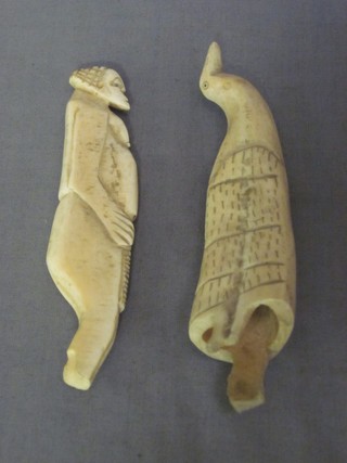 A carved African figure of a standing lady 5" and 1 other of a bird