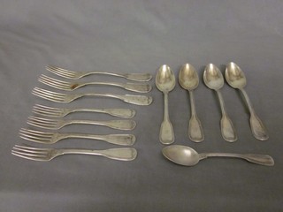 3 Continental silver fiddle pattern table spoons, 4 Continental silver pudding spoons and forks and a do. teaspoon marked C A Beuners 800, 13 ozs