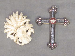 A Victorian silver and micro mosaic St James's cross the centre decorated a dove, together with a Victorian carved ivory brooch in the form of a sheath of corn with rose to the centre