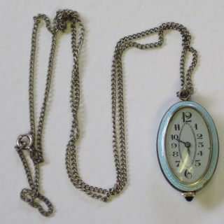 A lady's enamelled watch pendant hung on a fine silver chain