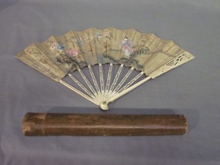 A 19th Century pierced ivory fan (f) together with section of original case