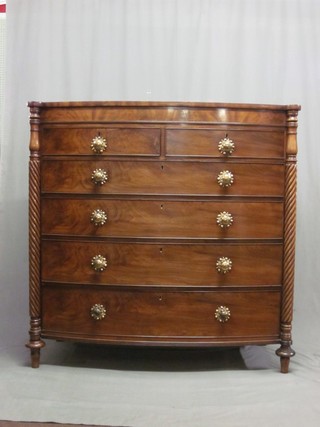 A William IV mahogany bow front chest of 2 short and 4 long drawers with  original circular embossed brass knobs and column decoration to the sides, raised on bun feet 51"