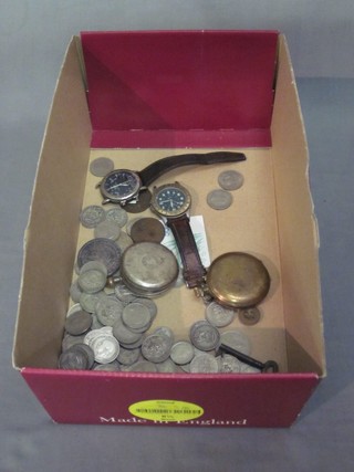 A collection of various coins, 2 pocket watches and a wristwatch