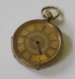An open faced fob watch contained in an 18ct Continental gold chased case
