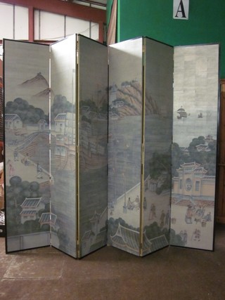 A large and impressive Eastern 6 fold dressing screen decorated figures