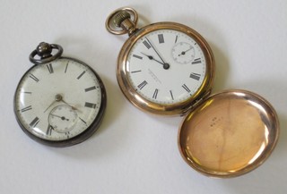 An open faced silver pocket watch and a gold plated pocket watch contained in a full hunter case