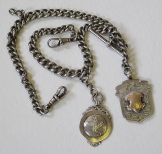 A "silver" curb link double Albert watch chain hung 2 medallions
