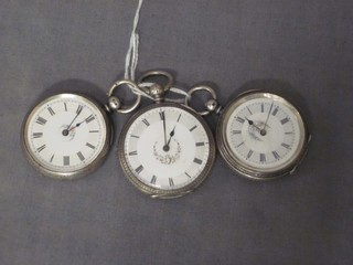 3 open faced fob watches contained in silver cases
