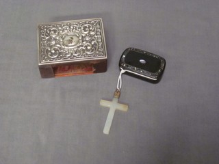 A rectangular embossed silver match slip (f) and a lacquered snuff box and an agate cross