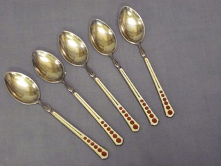 A set of 6 silver and enamelled coffee spoons, Birmingham 1955