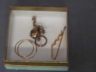 A pair of gold and coral earrings, a pair of glit metal hoop earrings, do. ring and brooch