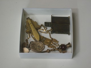 A gilt metal chatelaine, a gilt metal locket and a pair of silver gilt cufflinks