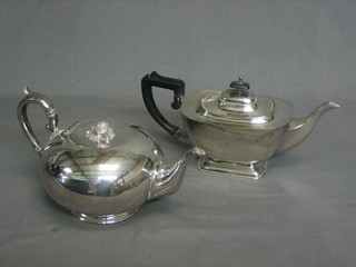 A circular Britannia metal teapot and an oval silver plated teapot