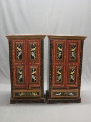 A pair of Continental painted hardwood cabinets enclosed by panelled doors, the base fitted a drawer painted birds, raised on bracket feet 20"