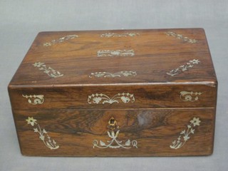 A rectangular Victorian rosewood trinket box with hinged lid inlaid mother of pearl 10"