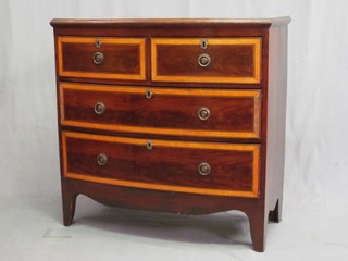 A 19th Century mahogany D shaped chest with crossbanded top, fitted 2 short drawers above 2 long drawers, raised on splayed bracket feet 35"