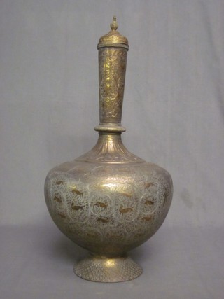 A Benares brass club shaped urn and cover 26"