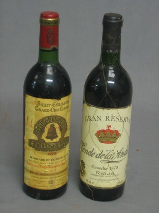 A bottle of 1978 Gran Reserva Conde de Tos Andes Rioja, together with a bottle of 1979 Saint Emilion Grand Cru Classe Chateau Langelus