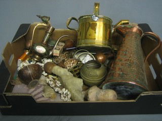 A Victorian brass hotwater carrier, a copper jug, a collection of curios etc