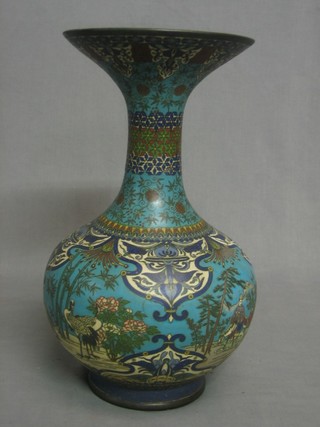 A 19th Century cloisonne blue ground club shaped vase decorated birds, figures and buildings 14"