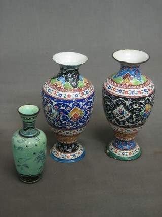 A pair of "Persian" enamelled club shaped vases 5" and a small porcelain vase 3 1/2"