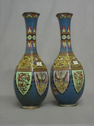 A pair of blue ground cloisonne enamelled club shaped vases 18" (f)