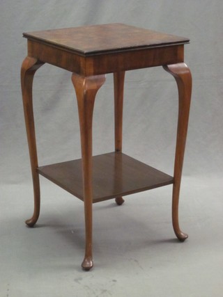 A Queen Anne style square walnut 2 tier occasional table, raised on cabriole supports 16"