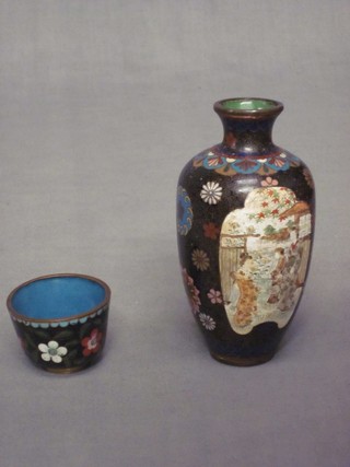 A black ground cloisonne enamelled vase decorated figures 5", together with a circular bowl 2"