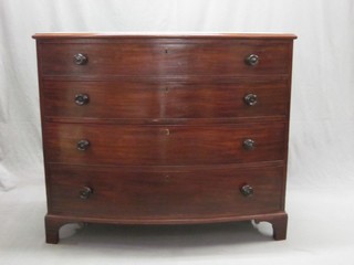 A Victorian mahogany bow front chest of 4 long drawers, raised on bracket feet 45"