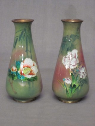 A pair of blue ground cloisonne enamel club shaped vases with floral decoration 5 1/2"