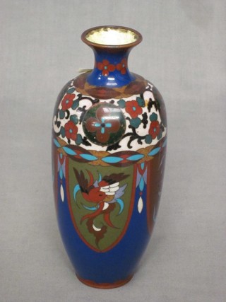 A 19th Century club shaped blue ground cloisonne enamel vase 8"