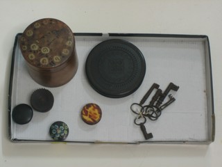 A circular carved ebony box and cover 3", a cylindrical jar and cover, 4 rouge pots and a small collection of antique keys