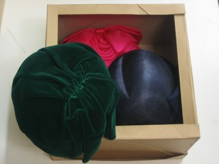 A lady's blue and silk hat by Henderson of Liverpool together with a do. silk hat and a green velvet hat (3)