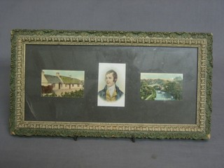 A coloured print of Robby Burns, together with 2 others Ayre Burns Cottage and Ayre Auld Bridge, mounted as 1, 6" x 12 1/2"