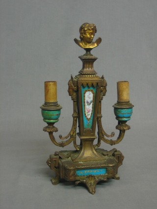 A Sevres style and porcelain gilt metal mounted twin light candelabrum converted to an electric table lamp 12"