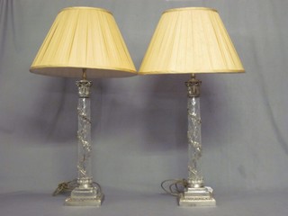 A handsome pair of glass and plated table lamps in the form of Corinthian columns complete with shades, 23"