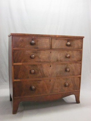 A 19th Century rectangular mahogany chest with cross banded top, fitted 2 short and 3 long drawers, raised on splayed bracket feet 42"