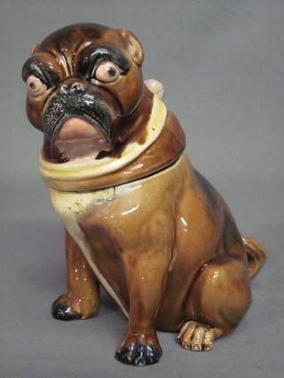 A 19th Century Minton style pottery trinket box in the form of a seated Pug (cracked) 9"