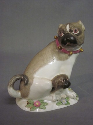 A Dresden style porcelain figure of a seated Pug, raised on an oval base, base with crossed swords mark 6 1/2", together with a biscuit porcelain figure of a Pug and a German porcelain figure of 3 Pugs (8) 