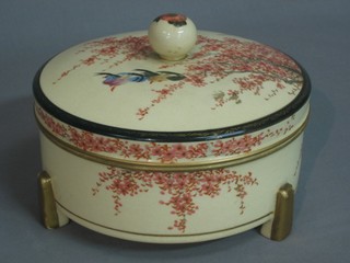 A 19th Century Japanese Satsuma circular porcelain jar and cover, decorated birds, raised on 3 supports, the base with seal mark 7" cracked