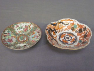 A Canton famille rose porcelain dish decorated court figures 5" and a shaped Japanese Imari porcelain dish 5 1/2"