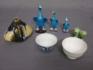 A circular Oriental blue and white rice bowl, the base with 6 character mark, a white glazed rice bowl, 2 small Celadon vases 2" and 3 Oriental figures of Geese