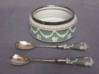 A Wedgwood circular pink and blue Jasperware salad bowl with silver plated mounts, together with a matching pair of servers