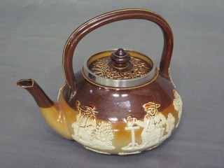 A Doulton circular salt glazed teapot with silver band decorated a hunting scene 2"