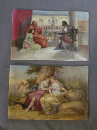 A Berlin porcelain plaque of Jupiter & Callister, signed Houfmann to bottom right hand corner 2 1/2"  x 4" together with 1 other plaque decorated The Merchant of Venice 3" x 4"
