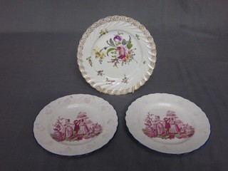 2 18th/19th Century porcelain plates decorated milk maids 6" and a late Dresden pottery plate with floral decoration 7"