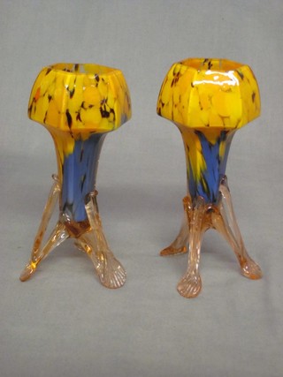 A pair of Art Nouveau End of Day style octagonal glass pedestal vases 6 1/2"
