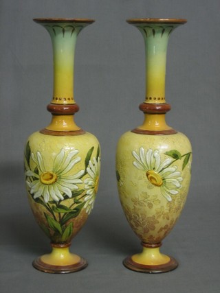 A  pair of Doulton Lambeth yellow glazed club shaped vases, the base with monogram MB and marked 1852 12" (1 f)